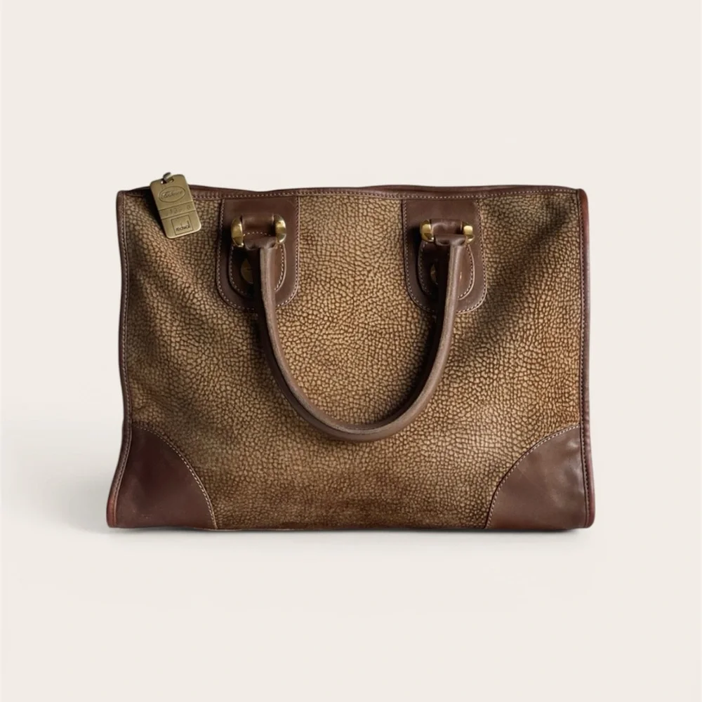 BORBONESE By Redwall Vintage Quail Pattern Textured Suede Brown Handbag